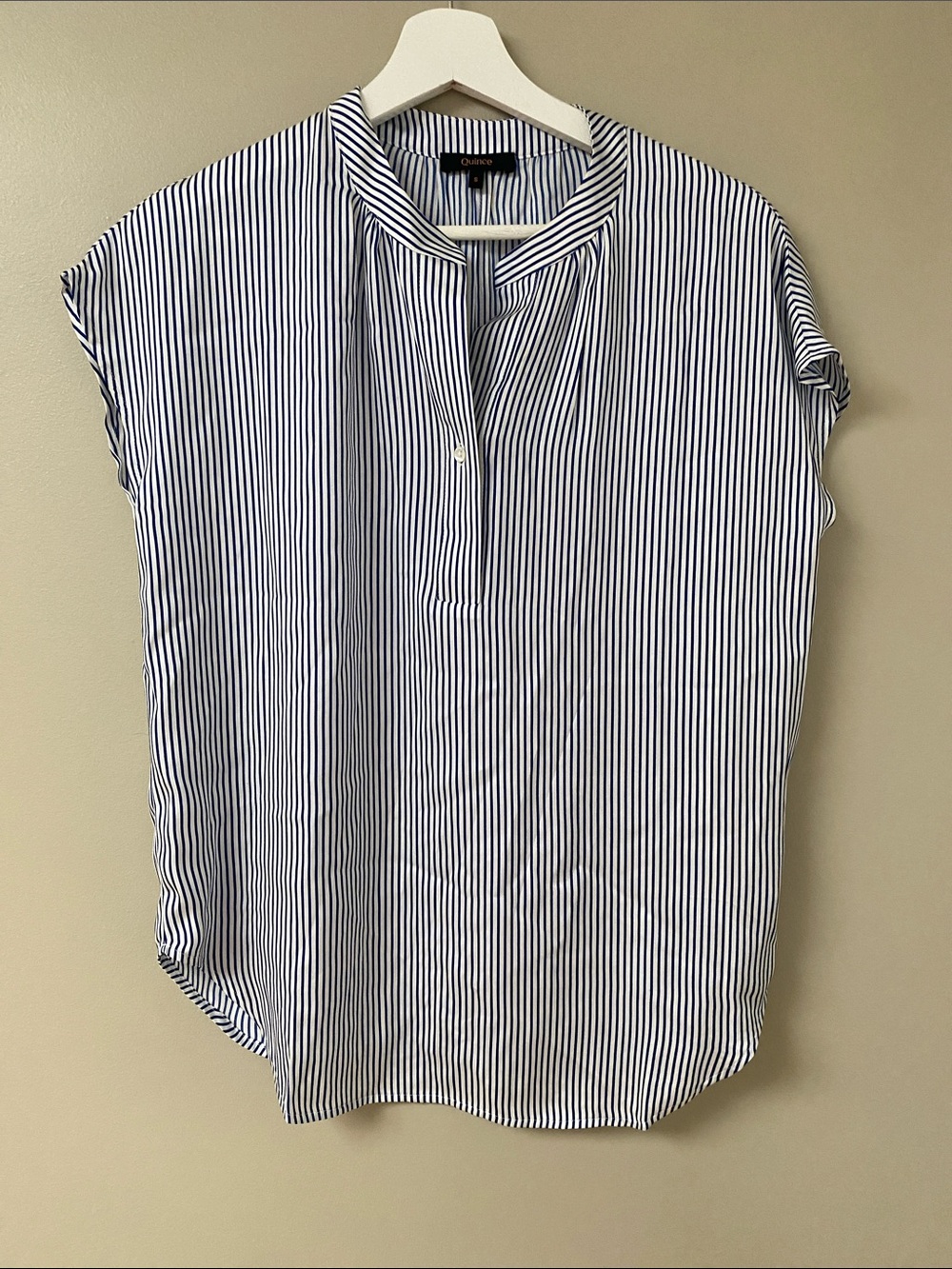 Quince Dolman Sleeve Silk Top Evie Navy & White Vertical-Stripe Cap Sleeve top